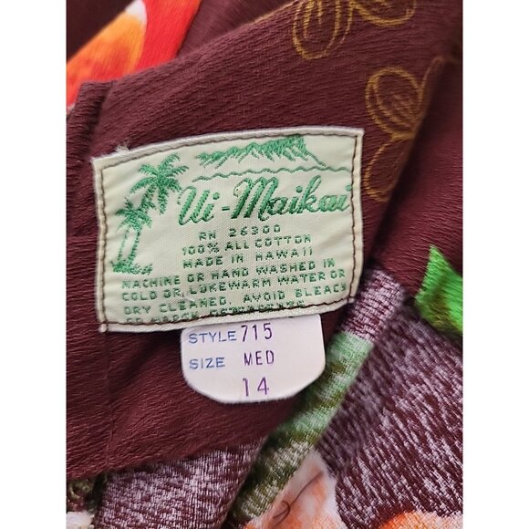 Vintage Ui Maikai Brown Orange Hibiscus Floral Print Hawaiian Maxi Dress 14 Luau - Picture 8 of 9